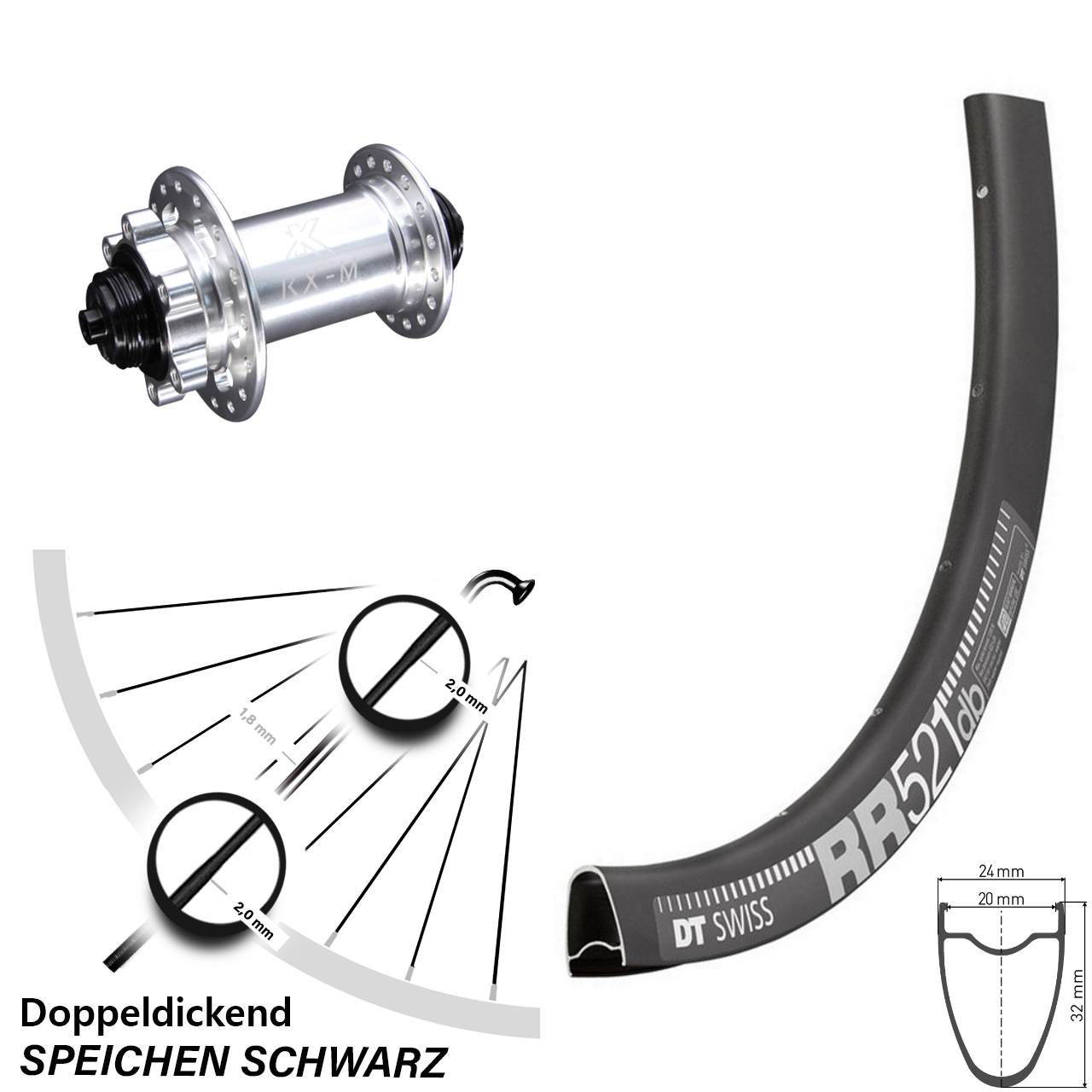 Laufrad 28 Zoll DT Swiss RR521 Disc KX-M 6-Loch 5/100 silbern