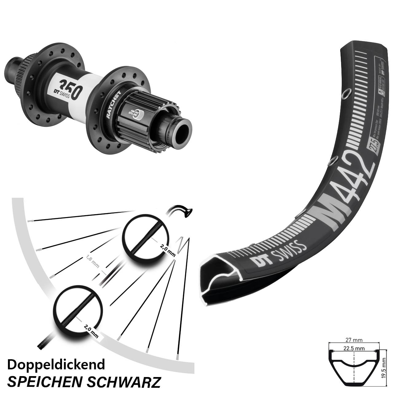 DT Swiss M 442-350 28 Zoll Disc Laufrad 12x142 Shimano Micro Spline