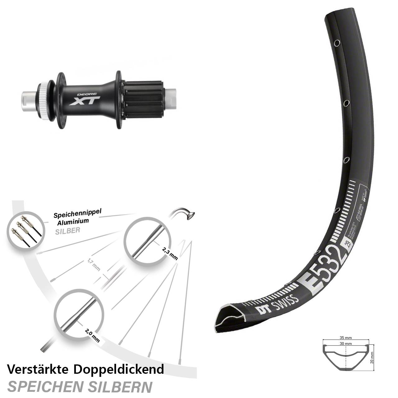 Centerlock Hinterrad 29 Zoll DT Swiss E532 Shimano XT FH-M788 8-11 fach HG 12x142