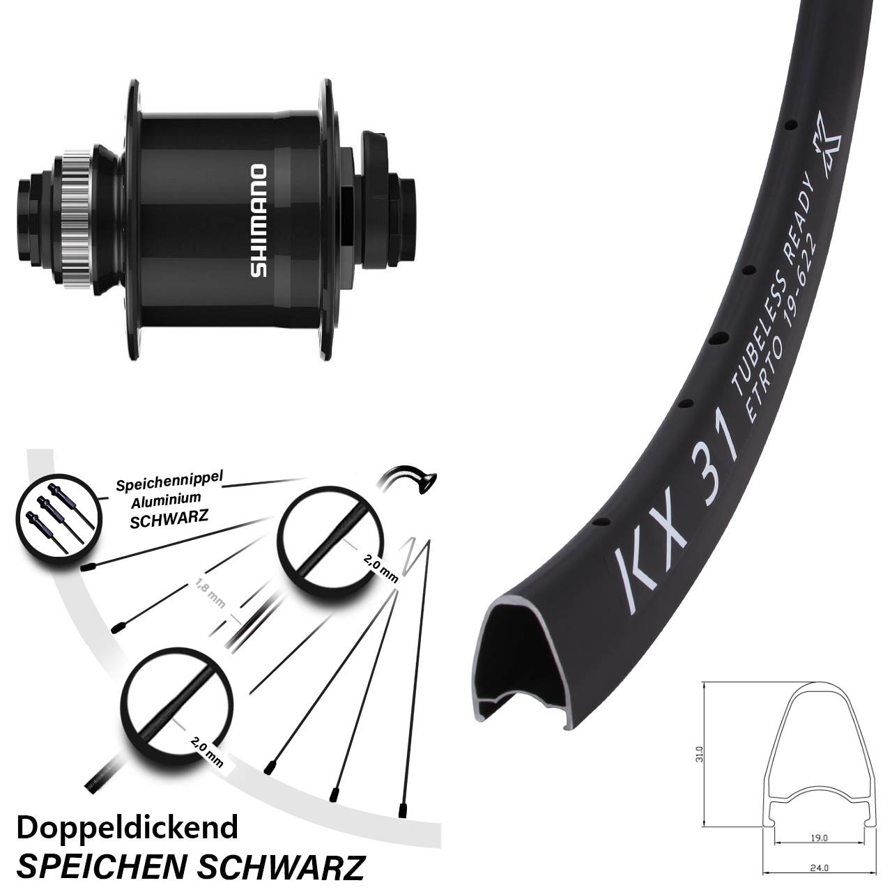 28 Zoll KX31 Shimano DH-UR708 Disc Nabendynamolaufrad 15x100