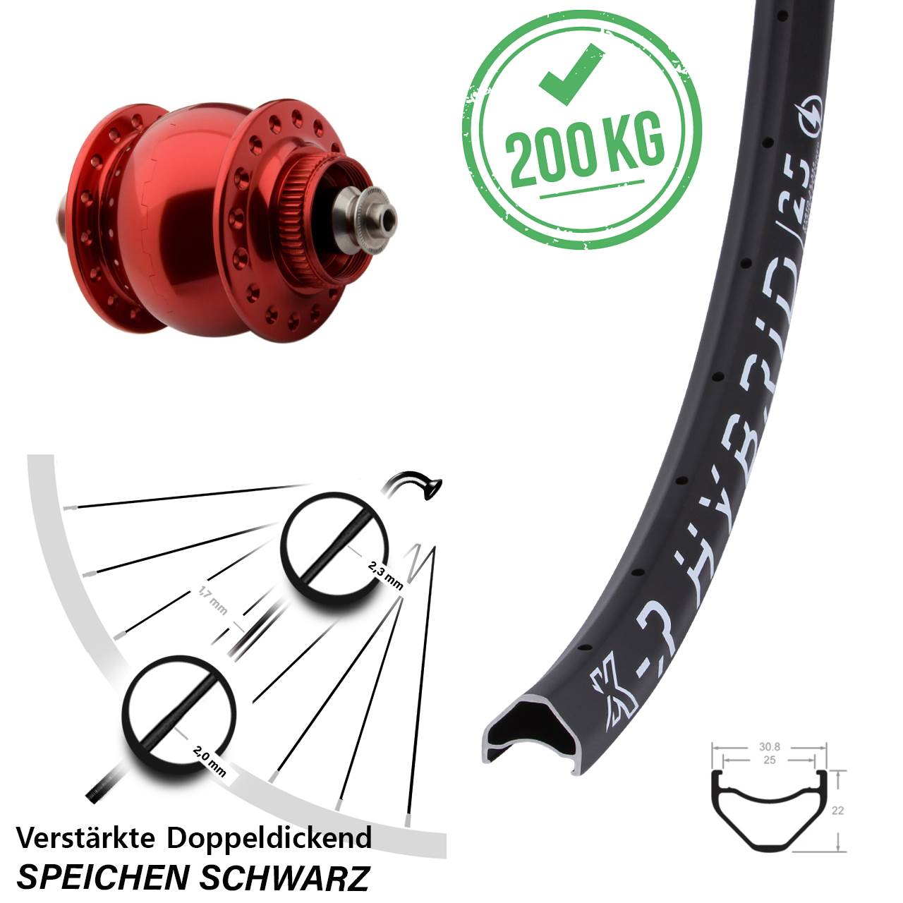 Vorderrad 29 Zoll 25-622 ETRTO KX-R Hybrid 25 SON Delux Dynamo rot eloxiert Schnellspanner