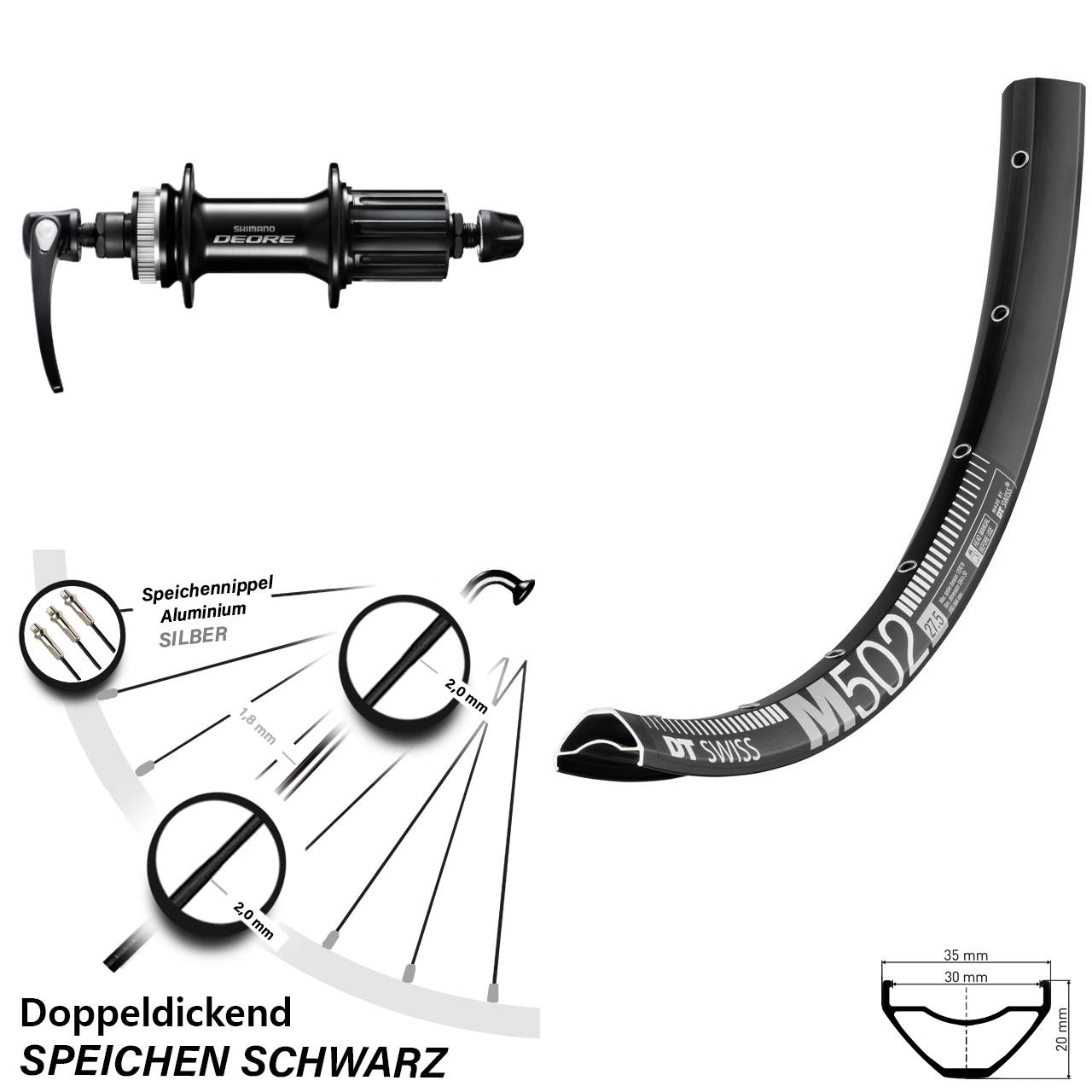 DT Swiss M 502 Shimano Deore 29 Zoll Hinterrad für Schnellspanner 8-11 fach