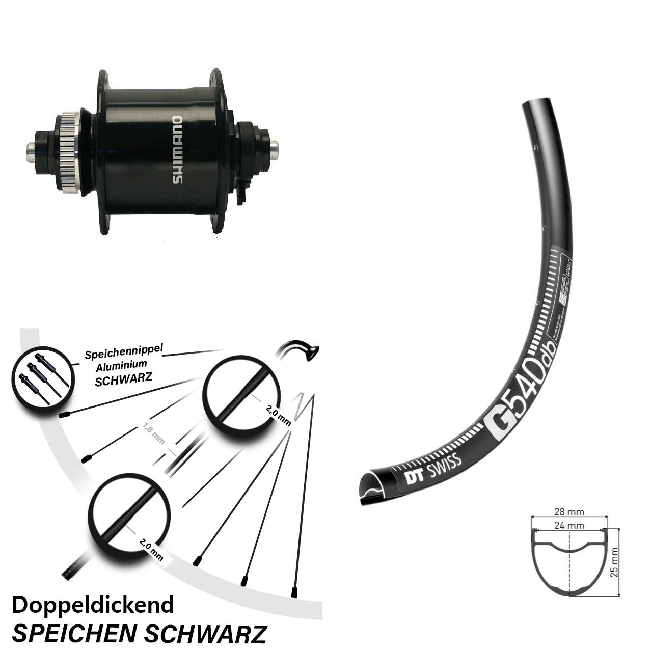 27,5 Zoll DT Swiss G540 Shimano DH-UR700 Disc Nabendynamovorderrad für Schnellspanner