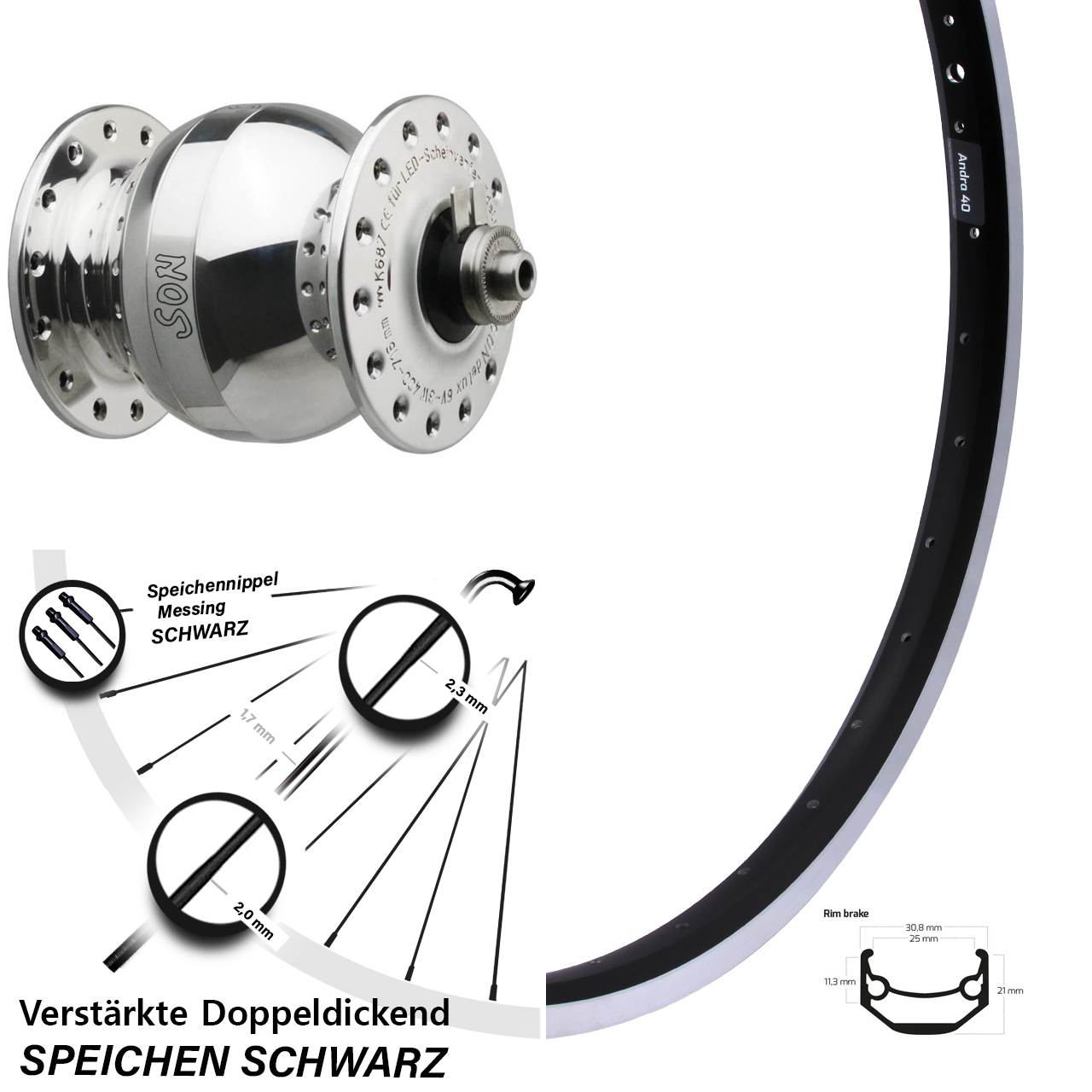 Nabendynamovorderrad QR 28-29 Zoll Ryde Andra 40 SON delux wide body