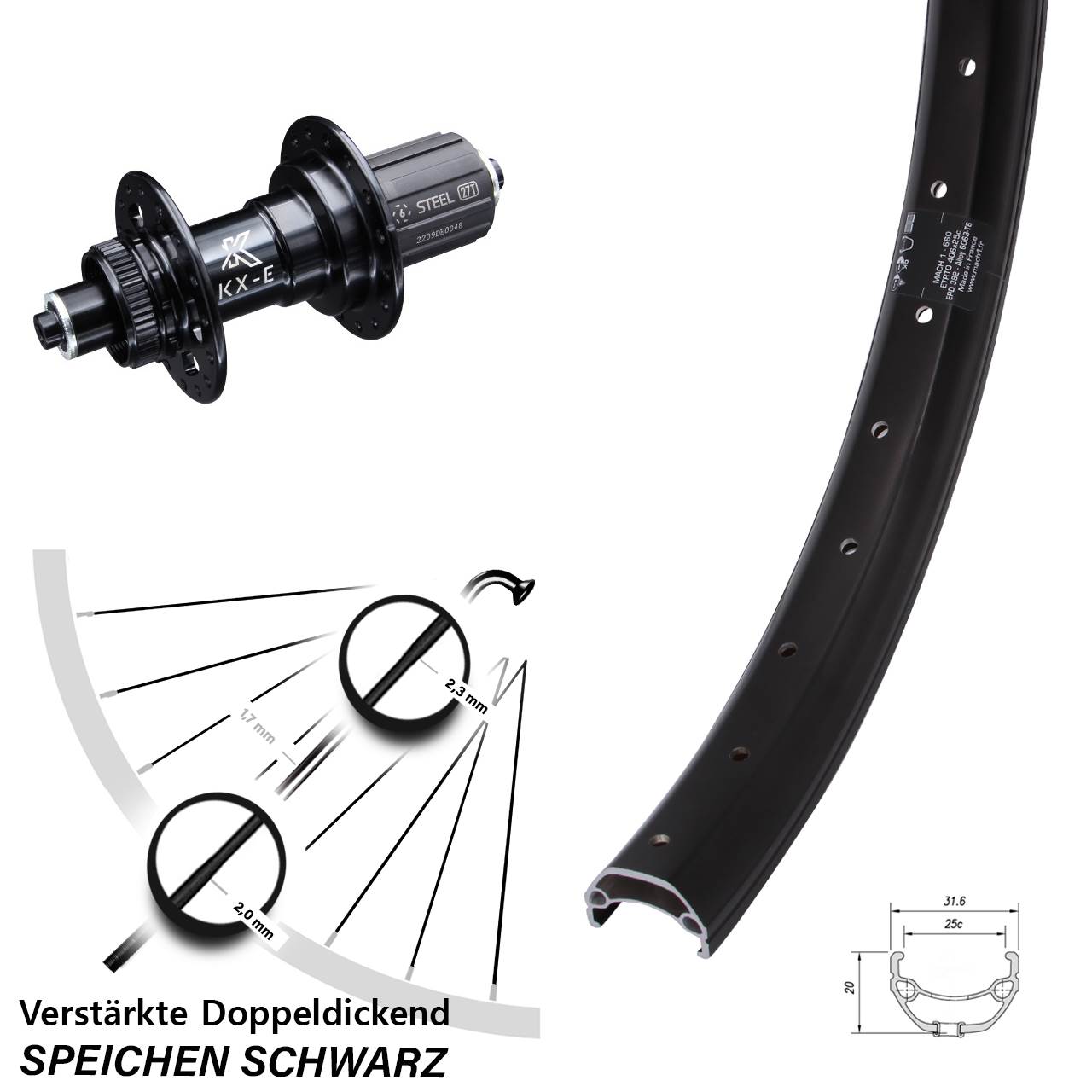 20 Zoll Mach1 Kargo KX-E 6 Kugellager Hinterrad für Schnellspanner 8-12 fach