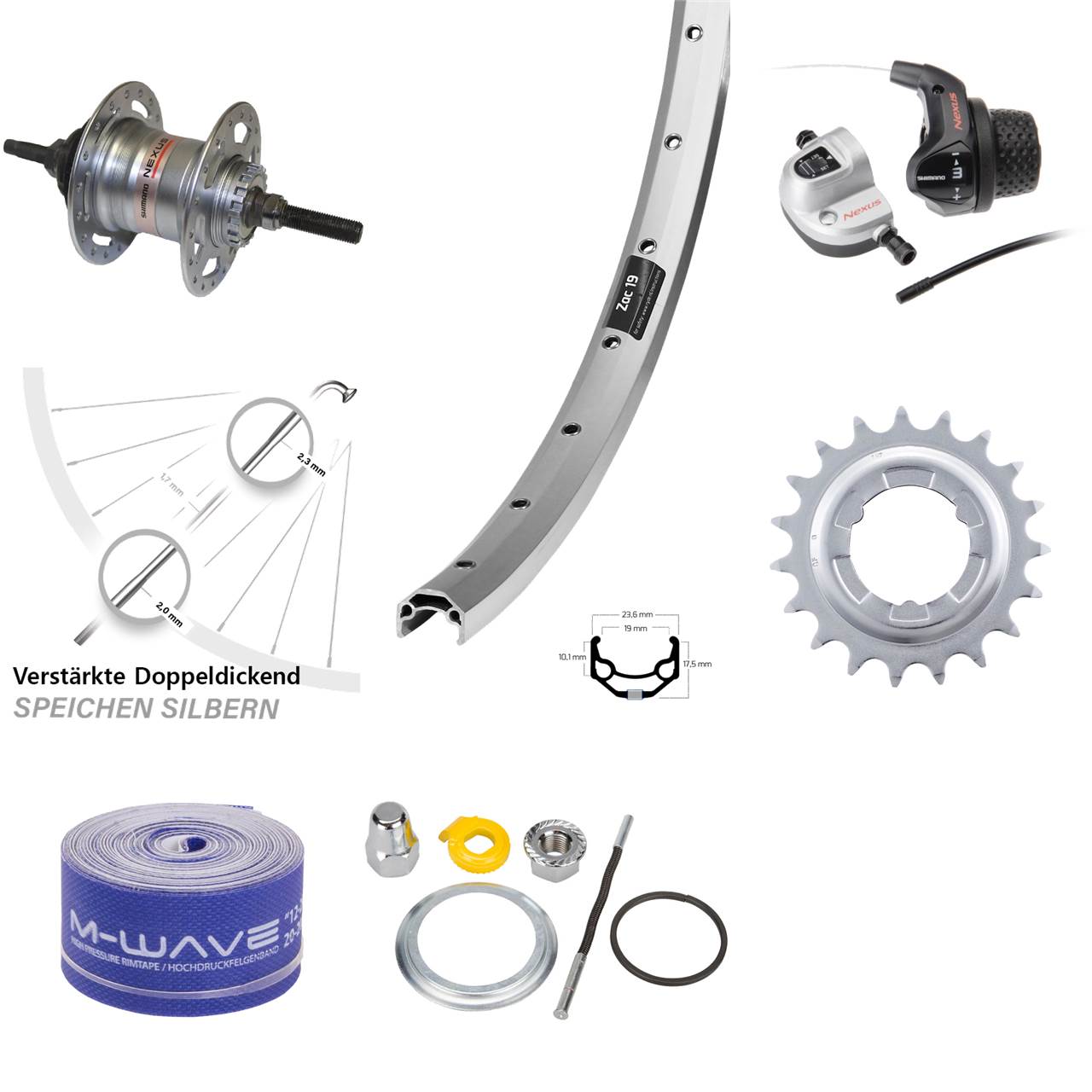 26 Zoll Hinterrad Shimano Nexus 3 Gang für Rollenbremse Ryde Zac19 silbern