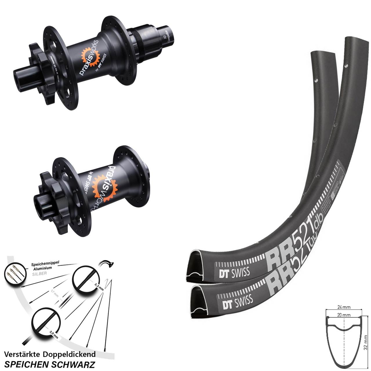 DT Swiss RR 521 350 SL 28 Zoll Laufradsatz 6-Loch 12x100/142 XD