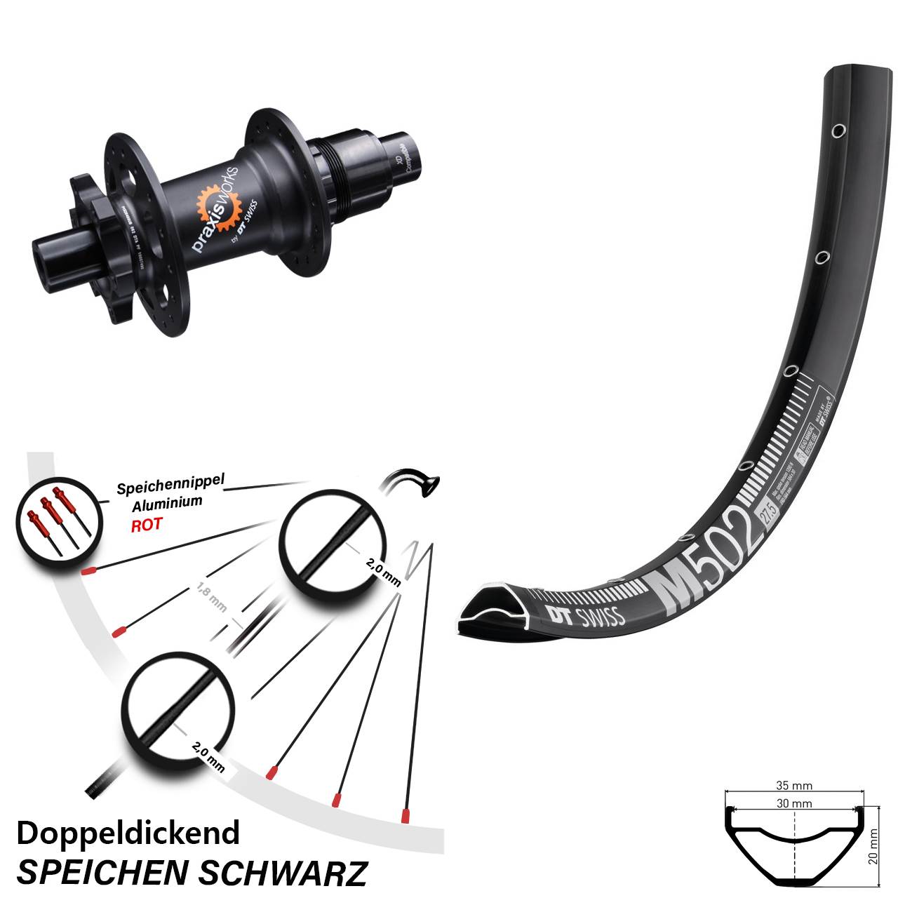 Hinterrad 6-Loch 12x142 27,5 Zoll DT Swiss M 502-350 SRAM XD
