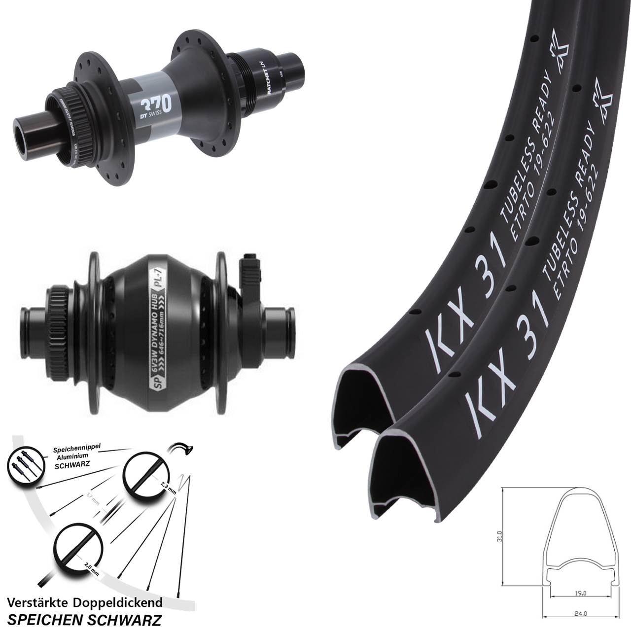 28 Zoll KX 31 DT Swiss 370 SP PL-7 Laufradsatz Centerlock 12x100/142 SRAM XDR