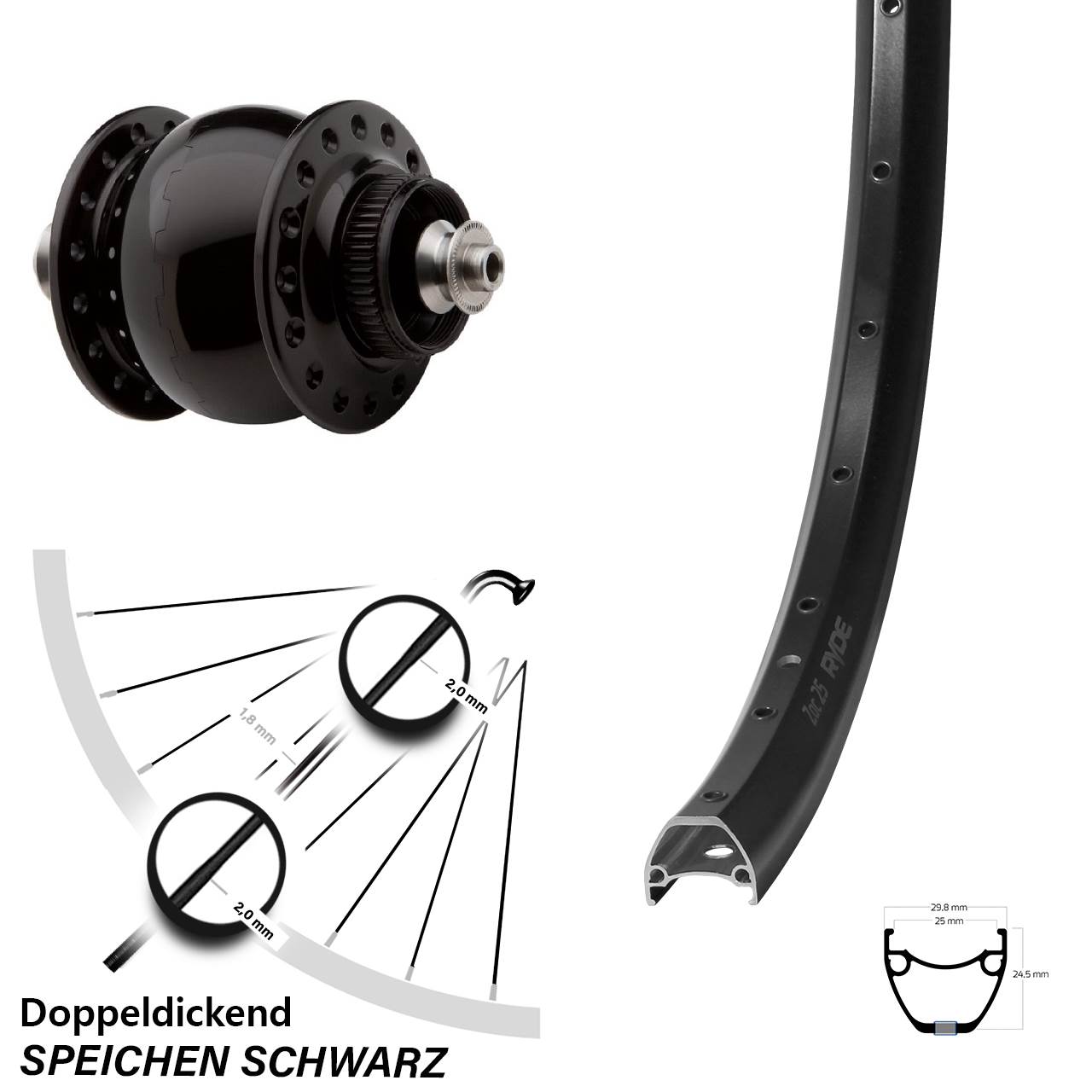 Disc Nabendynamo-Laufrad 29 Zoll Ryde ZAC 25 SON 28 für Schnellspanner