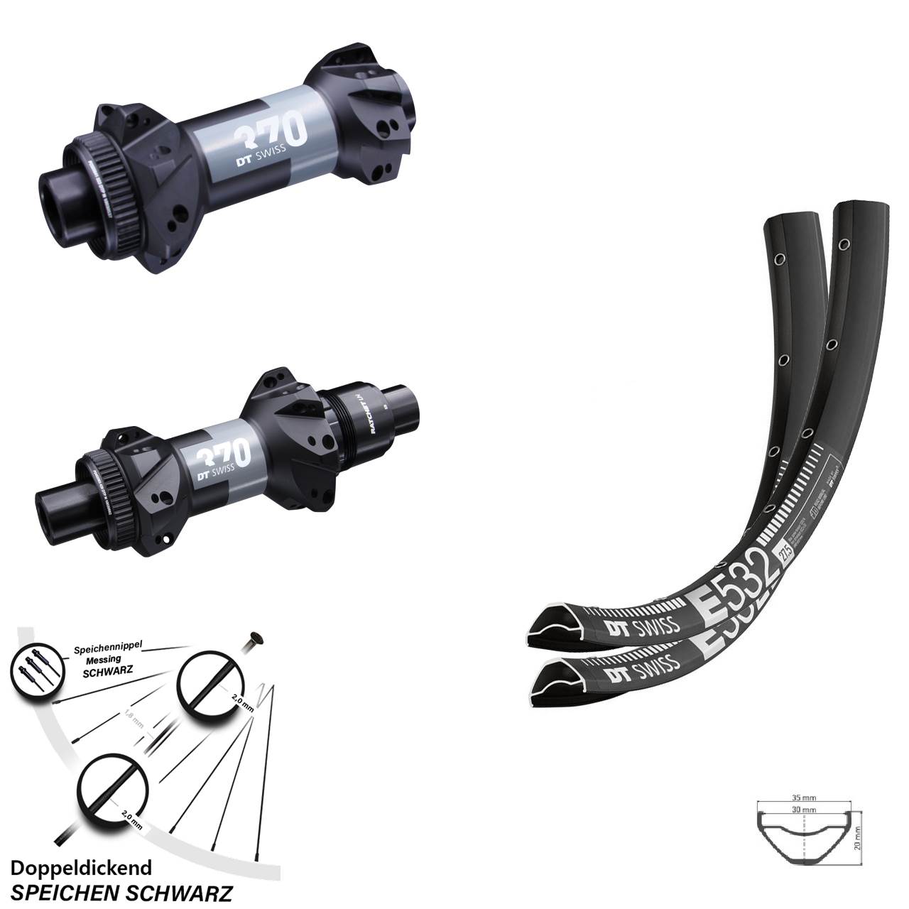 Boost Laufradsatz 27,5 Zoll Straightpull 370 DT Swiss E532 Steckachse Sram XD