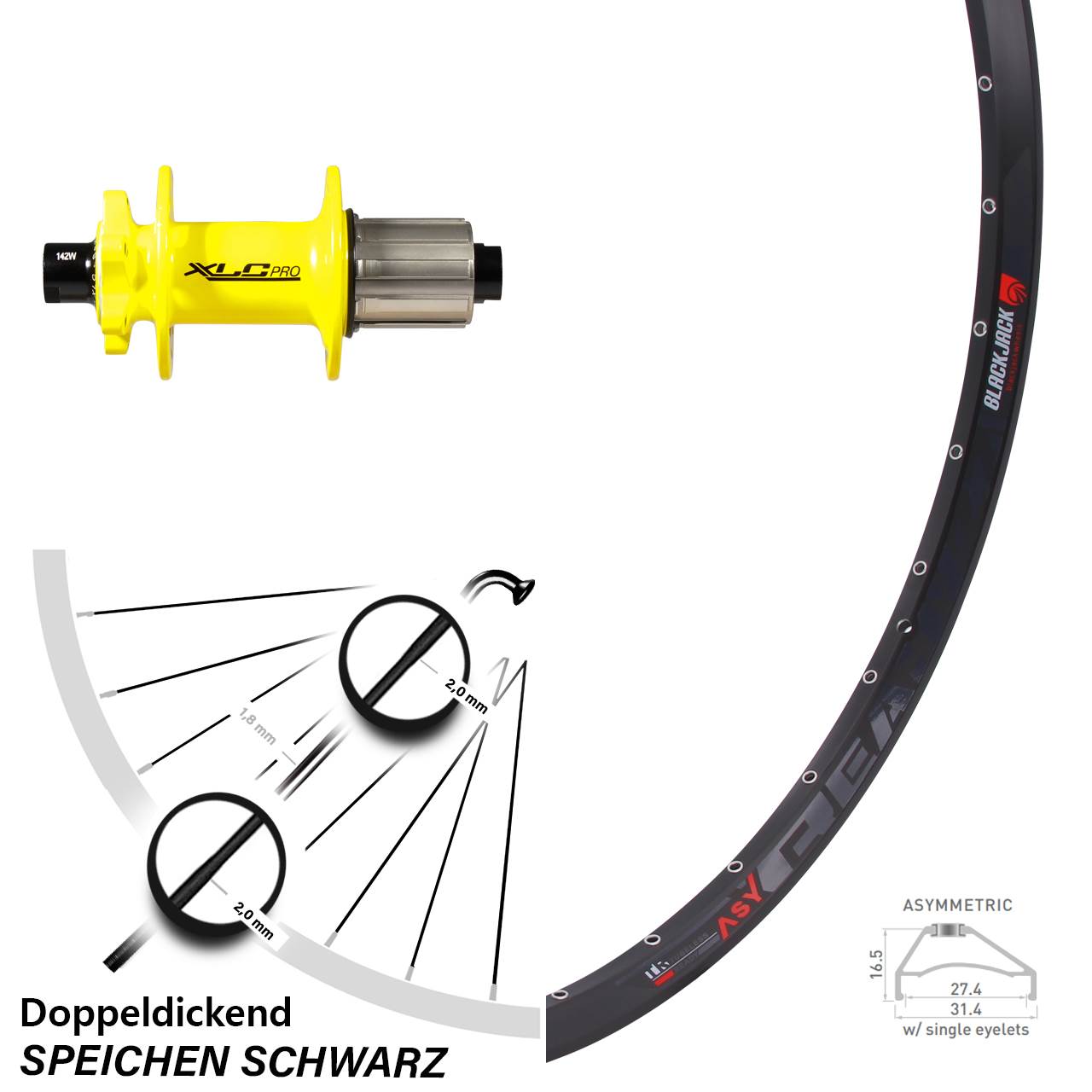 29 Zoll Hinteres Rad Rodi Ready 27 Steckachse 12x142 mm XLC Pro gelb 6-loch 8-11 fach