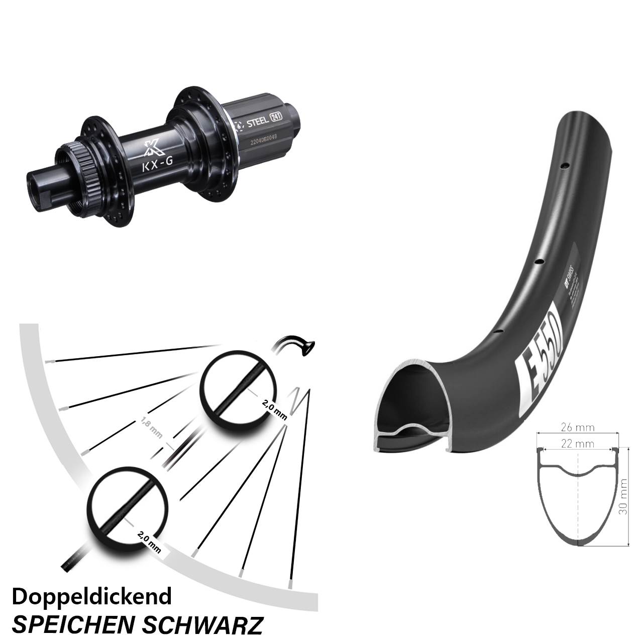 28 Zoll DT Swiss E 550 Hinterrad KX-GS 8-12 fach 12x142