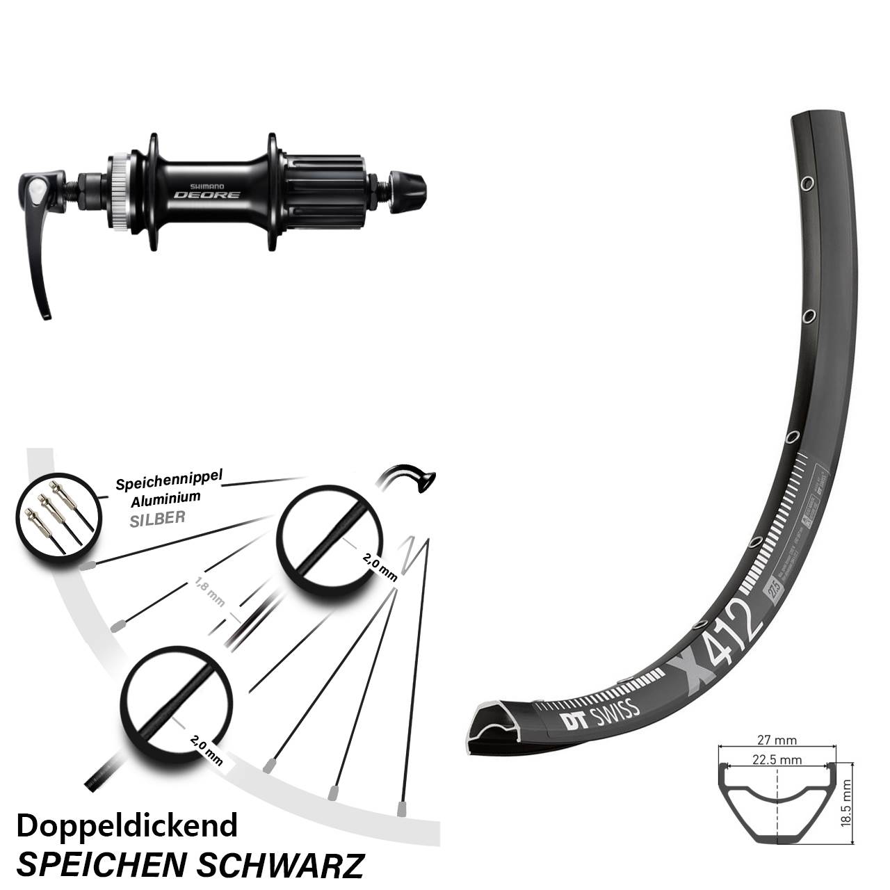 DT Swiss X412 Shimano Deore Disc Laufrad für Schnellspanner 8-11 fach HG