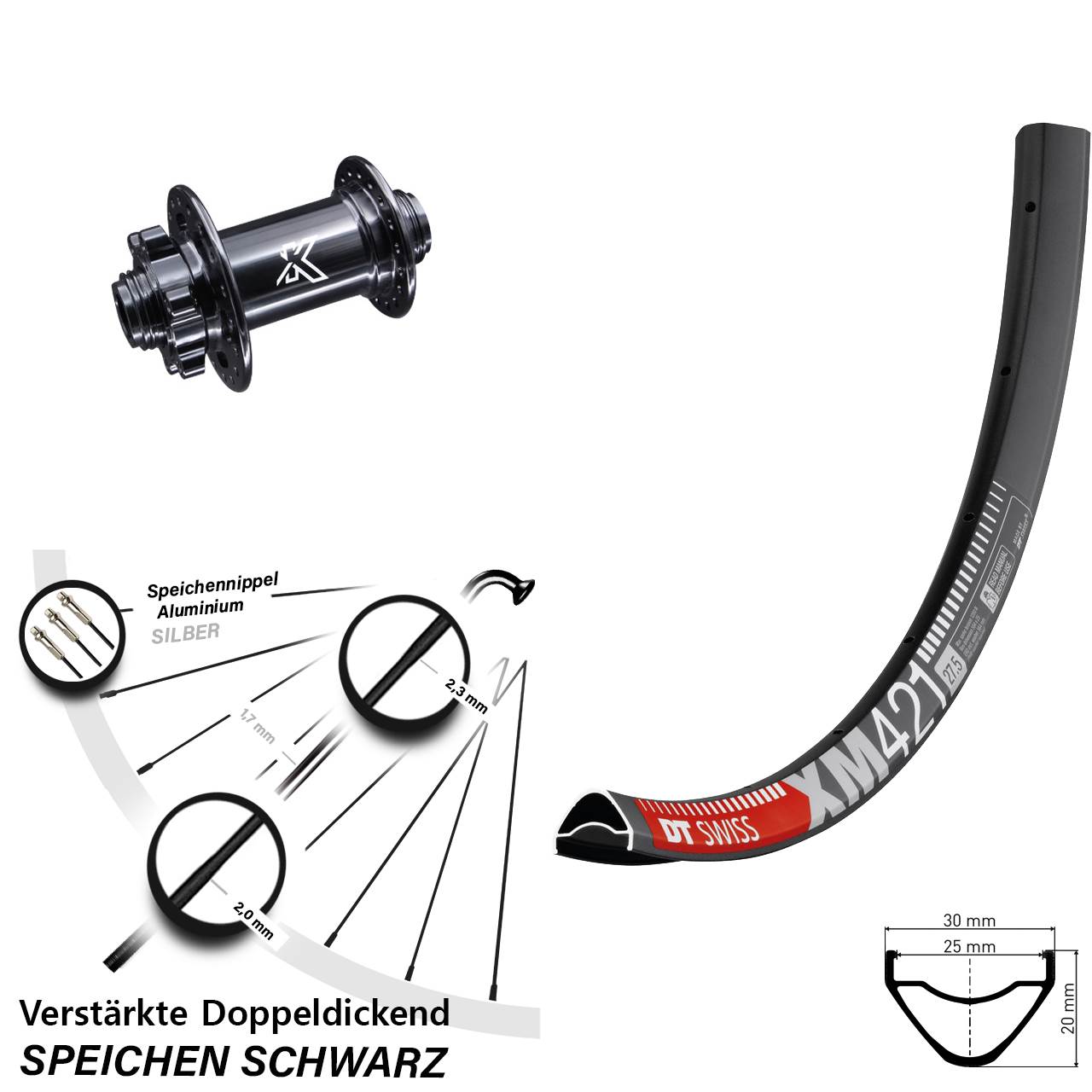 6-Loch Vorderrad 650B DT Swiss XM421 KX-M 15x100