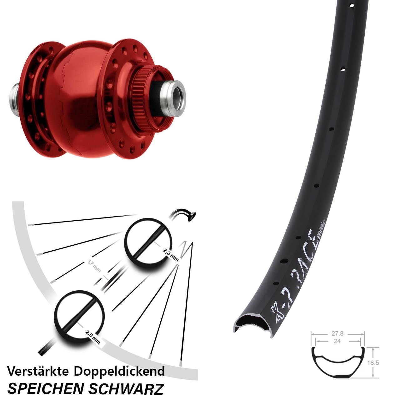 28-29 Zoll SON 28 rot KX-R Race Zoll Disc Vorderrad mit Nabendynamo 12x100