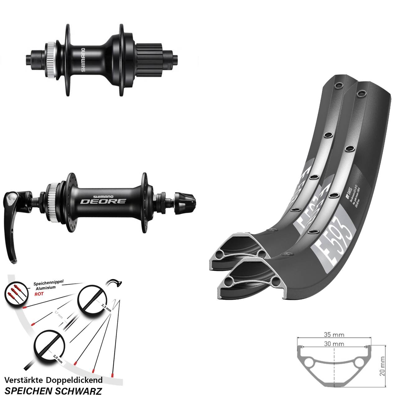 29 Zoll DT Swiss E 593 Shimano FH-MT500 HB-M6000 Laufradsatz Centerlock QR Micro Spline