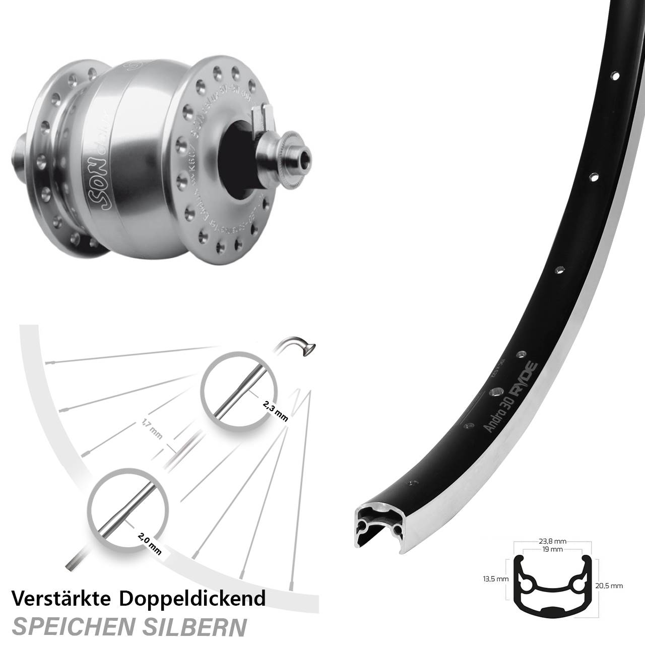 Vorderrad 26 Zoll Ryde Andra 30 schwarz SON delux Felgenbremse QR silbern eloxiert