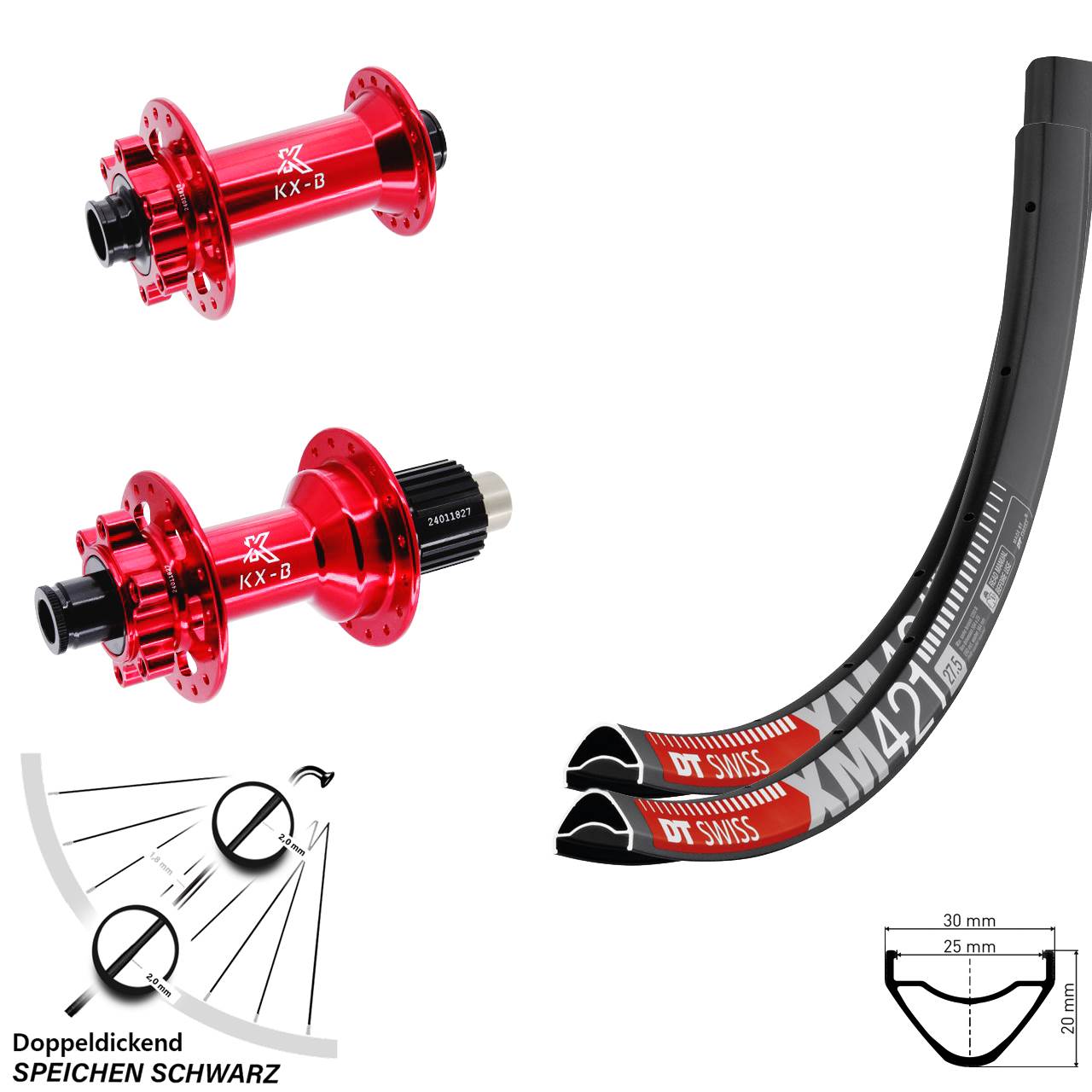 DT Swiss XM 421 KX-B rot 27,5 Zoll 6-Loch Laufradsatz 15x110 12x148 Micro Spline