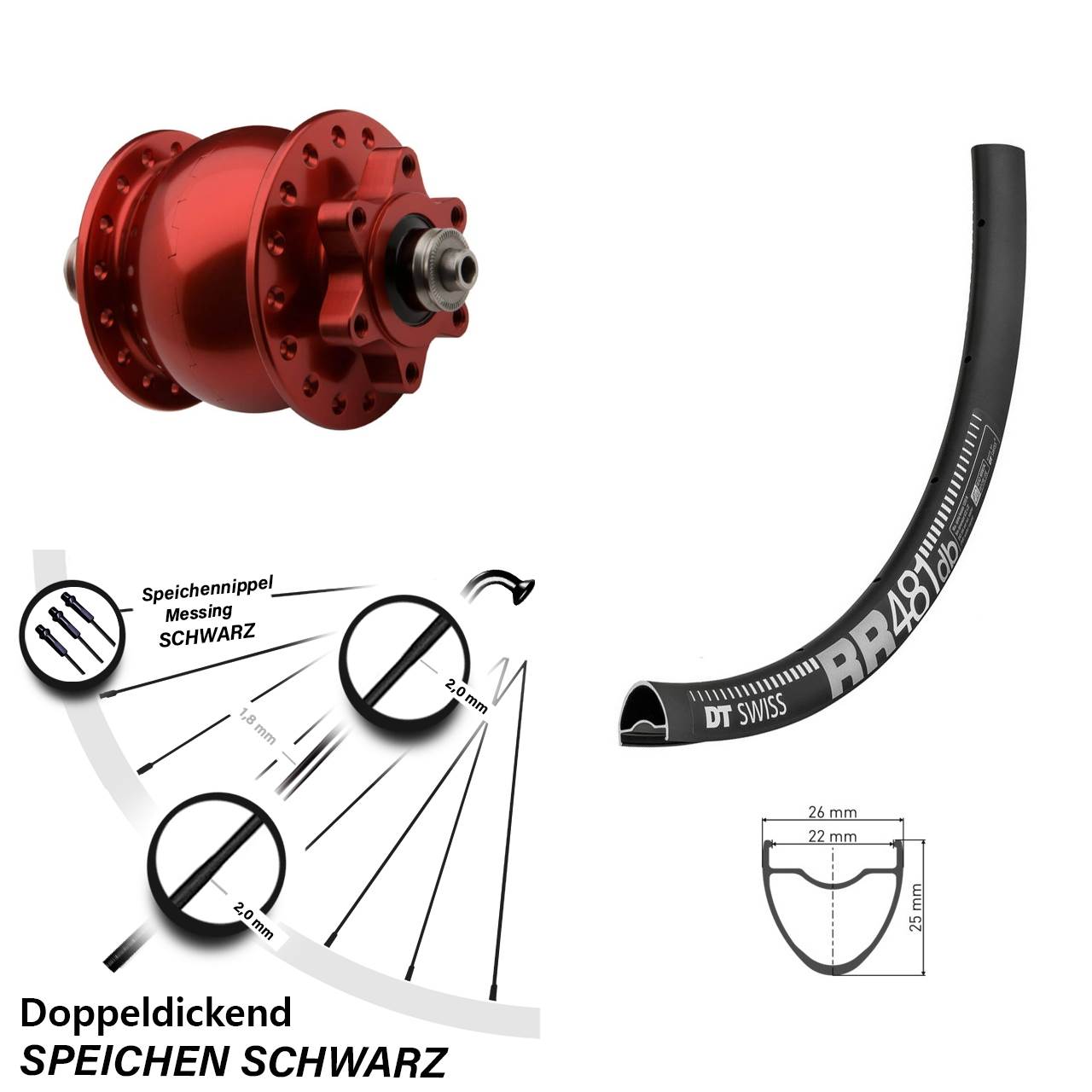Vorderrad mit Nabendynamo SON 28 Zoll rot eloxiert DT Swiss RR 481 DB für 6-Loch