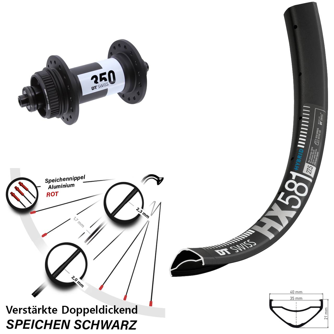 DT Swiss HX581-350 27,5 Zoll Disc Laufrad für Schnellspanner