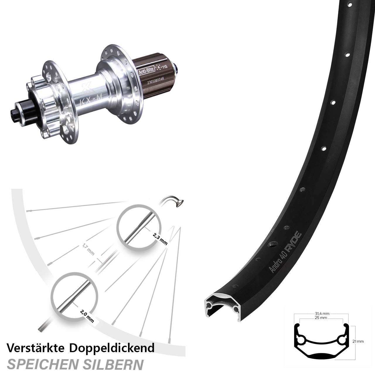 Ryde Andra 40 KX-M 27,5 Zoll Hinterrad 6-Loch QR 8-12 fach HG