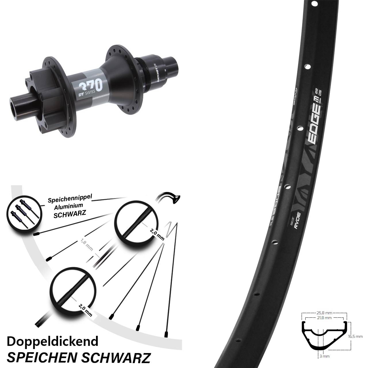 29 Zoll Hinterrad Ryde Edge M22 OS mit DT Swiss 370 12x148 Boost 6-Loch Sram XD