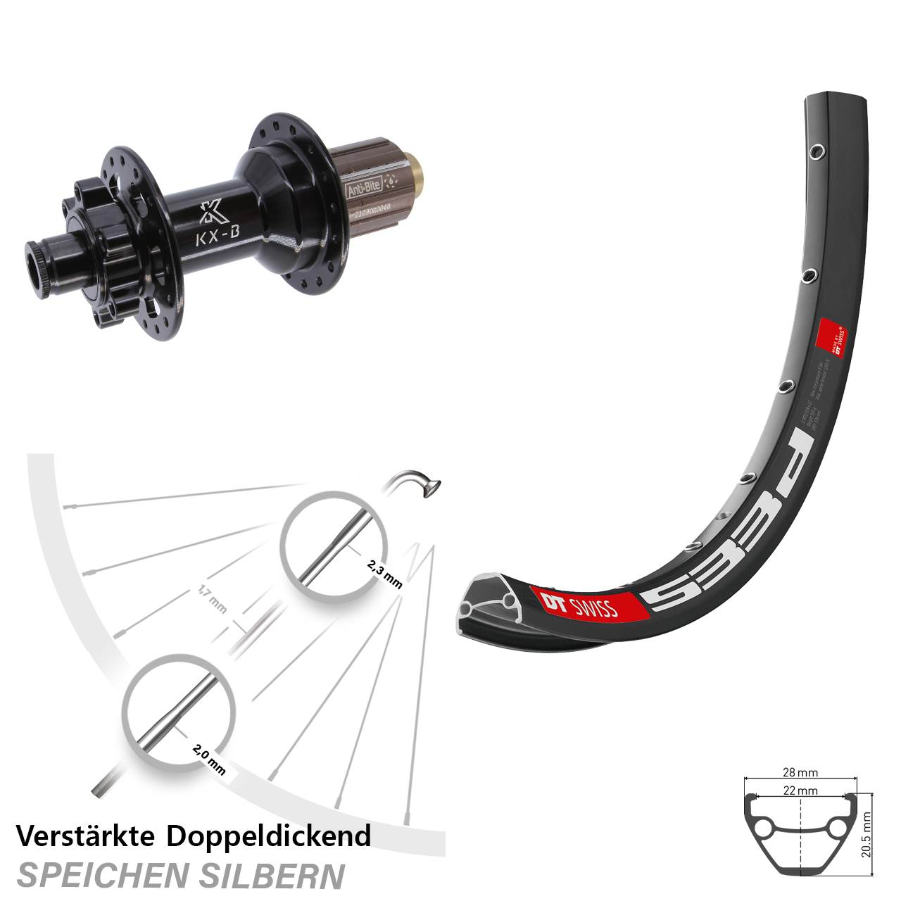 26 Zoll DT Swiss 533 D KX-B Boost 6-Loch Hinterrad 12x148 8-11 fach HG
