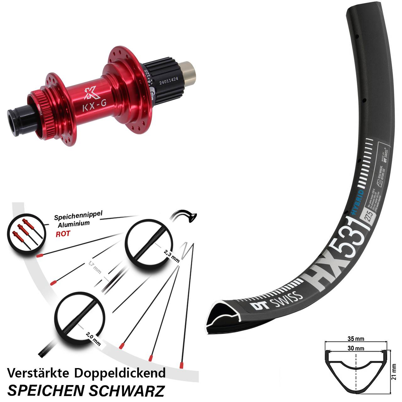 Disc Laufrad 12x142 29 Zoll DT Swiss HX 531 KX-G rot Shimano Micro Spline