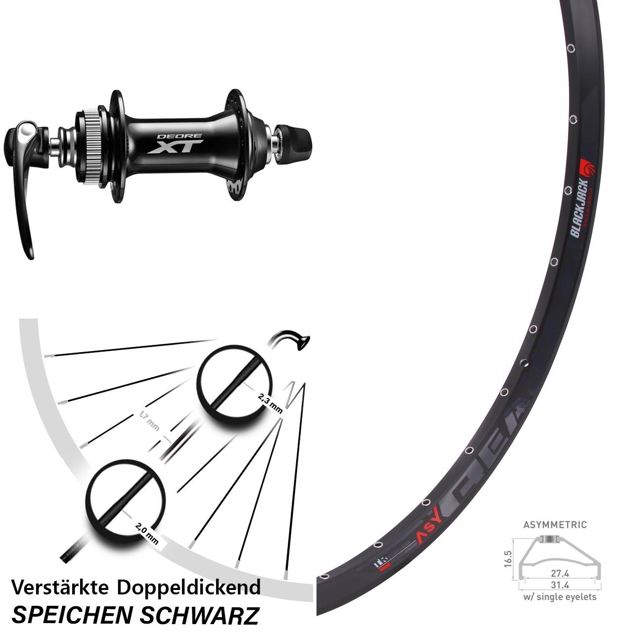 Vorderrad 27,5 Zoll Rodi Ready 27 Disc Shimano HB-M8000 schwarz