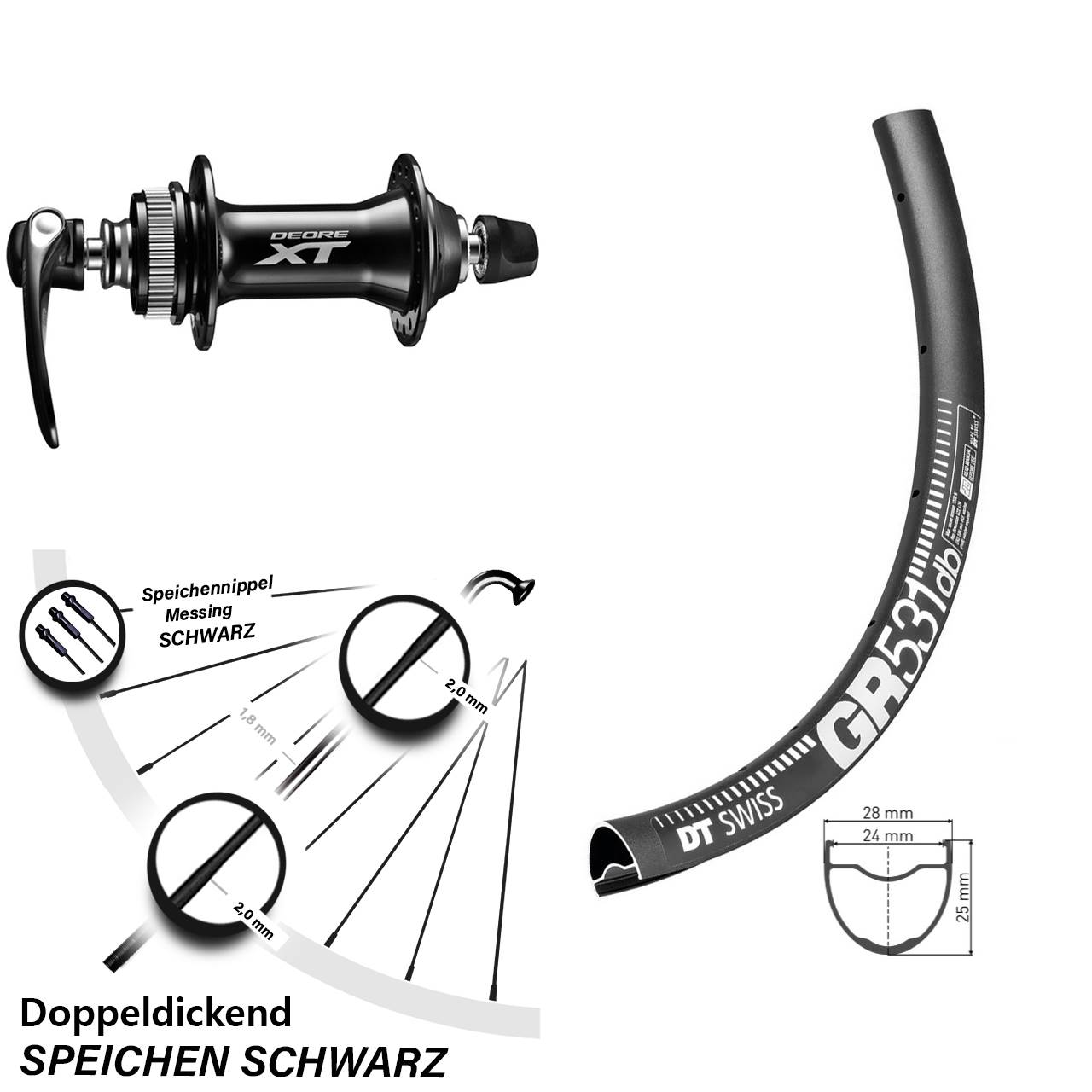 Schwarzes 28/29 Zoll Vorderrad DT Swiss GR 531 mit Shimano XT HB-M8000