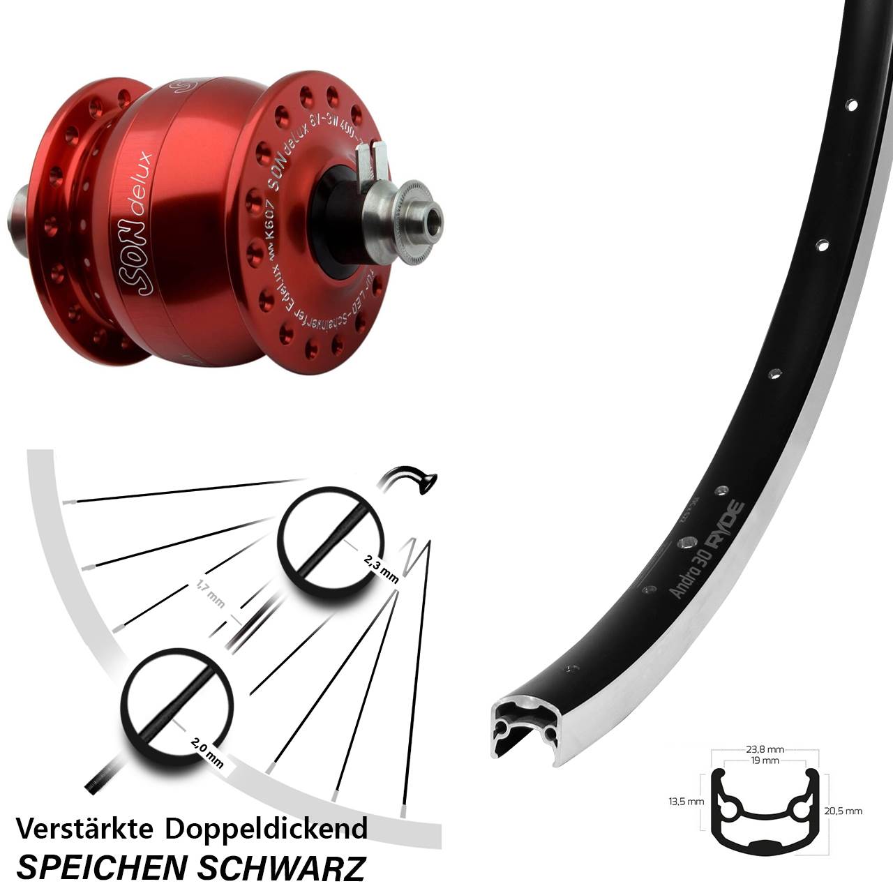 SON delux rot Ryde Andra 30 28 Zoll Vorderrad mit Nabendynamo QR