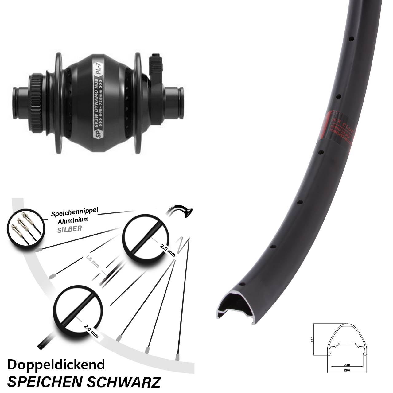 Centerlock Vorderrad mit Dynamo 26 Zoll KX Clue Shutter Precision PL-7 12x100