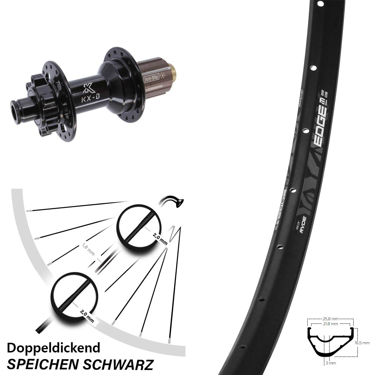 Ryde Edge M22 OS KX-B 29 Zoll 6-Loch Hinterrad 12x148 8-11 fach