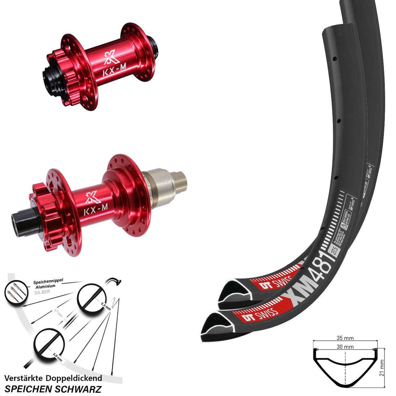 6-Loch Laufradsatz 27,5 Zoll DT Swiss XM 481 KX-M rot XD 12x100/142