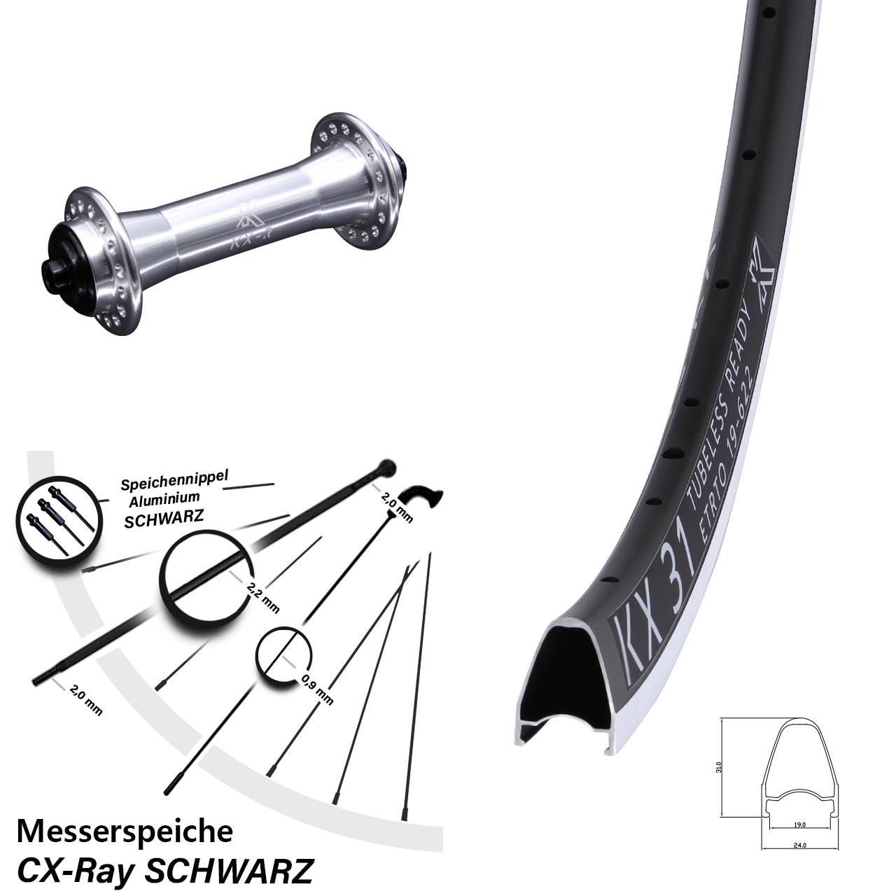 28 Zoll Vorderrad Rennrad KX-R 31 Messerspeiche Sapim CX-Ray 5x100 silber