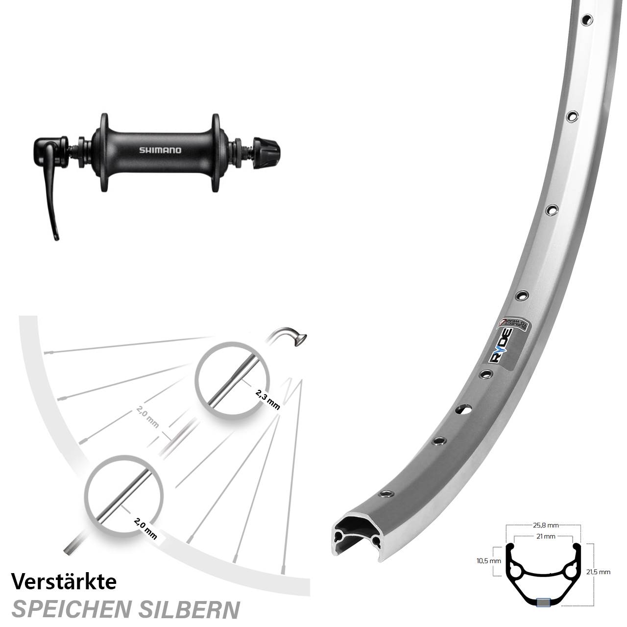 Vorderrad 27,5 Zoll Ryde ZAC 421 Shimano HB-T3000 für Schnellspanner