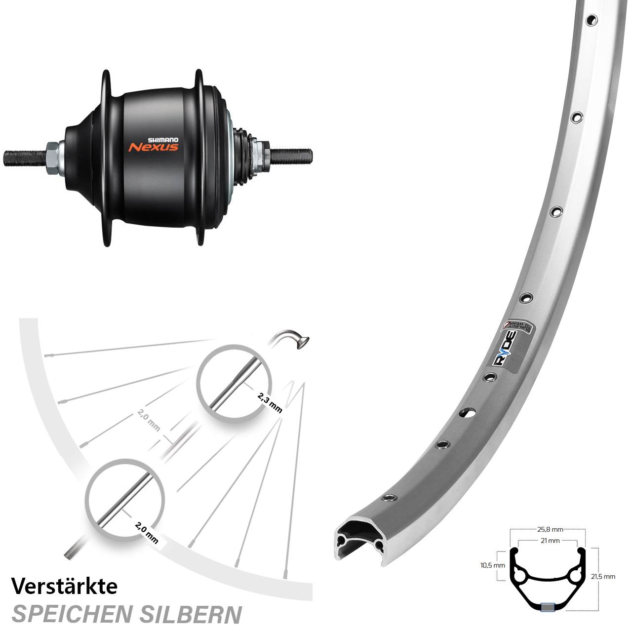 28 Zoll Hinterrad Ryde ZAC 421 Shimano Nexus 8 Gang Freilauf silbern