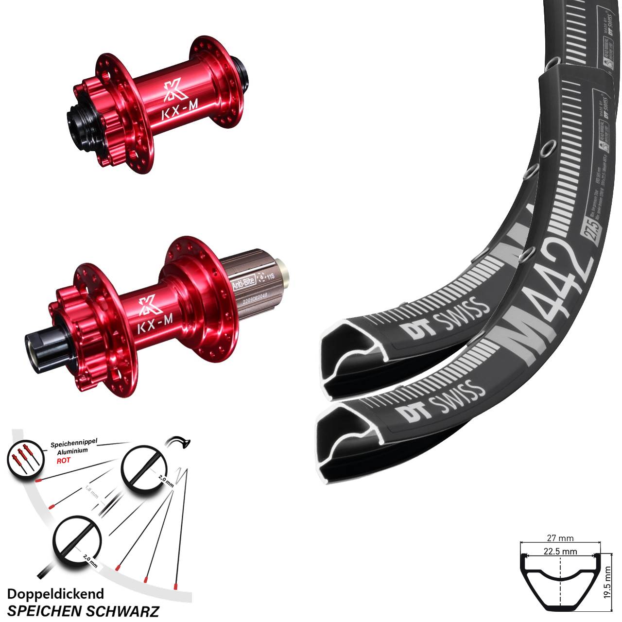 Laufradsatz 6-Loch 15x100 12x142 28 Zoll DT Swiss M 442 KX-M rot 8-12 fach
