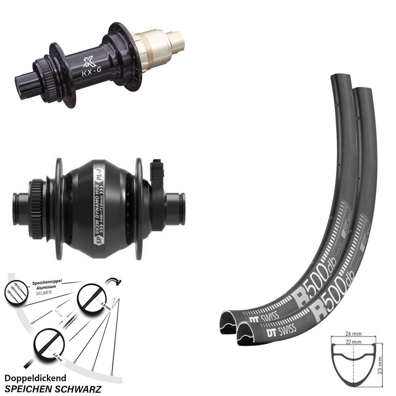 Laufradsatz Road DT Swiss R 500 KX-G Steckachse Sram XDR Shutter Precision PL-7 Dynamo