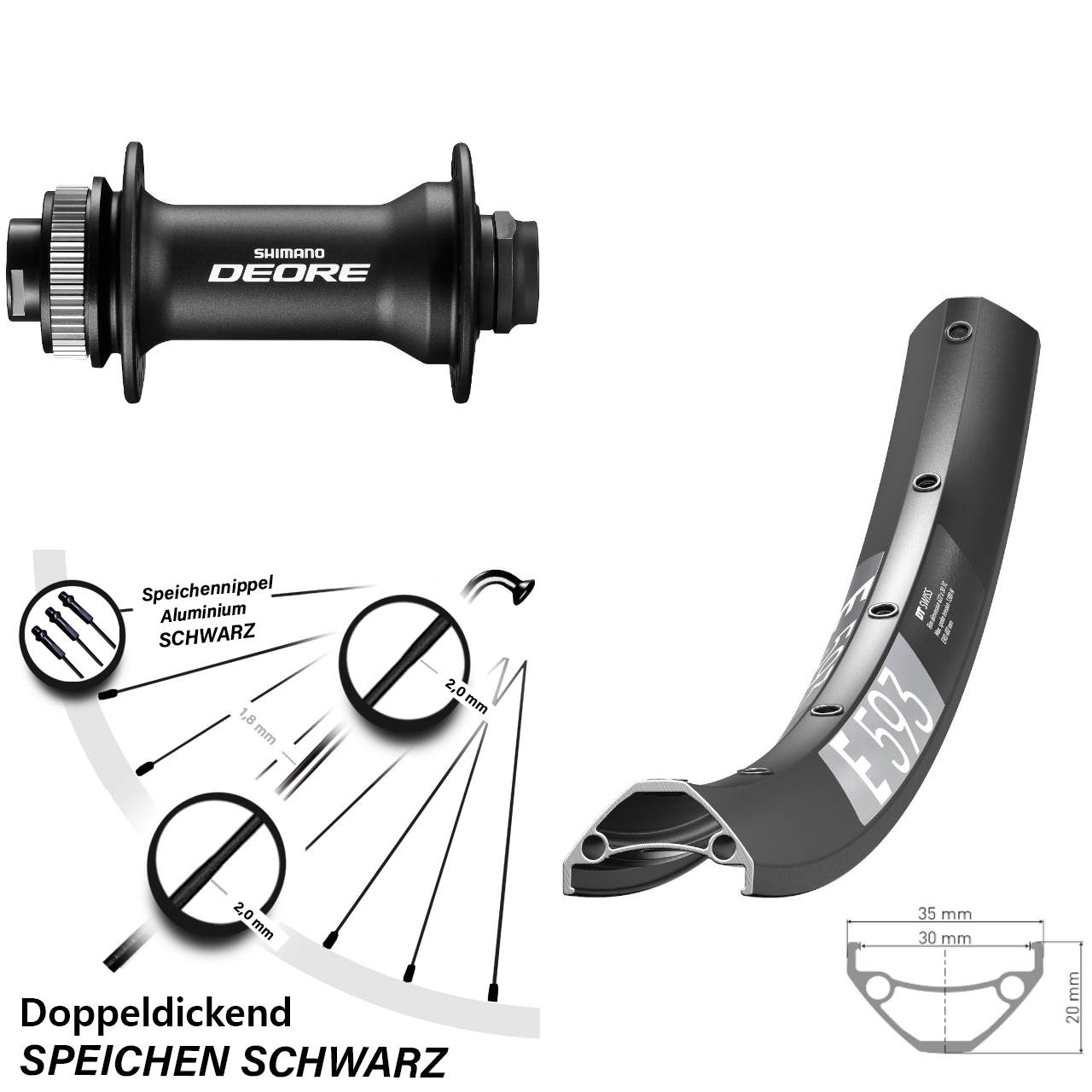 29 Zoll DT Swiss E593 Shimano Deore Vorderrad Disc Boost