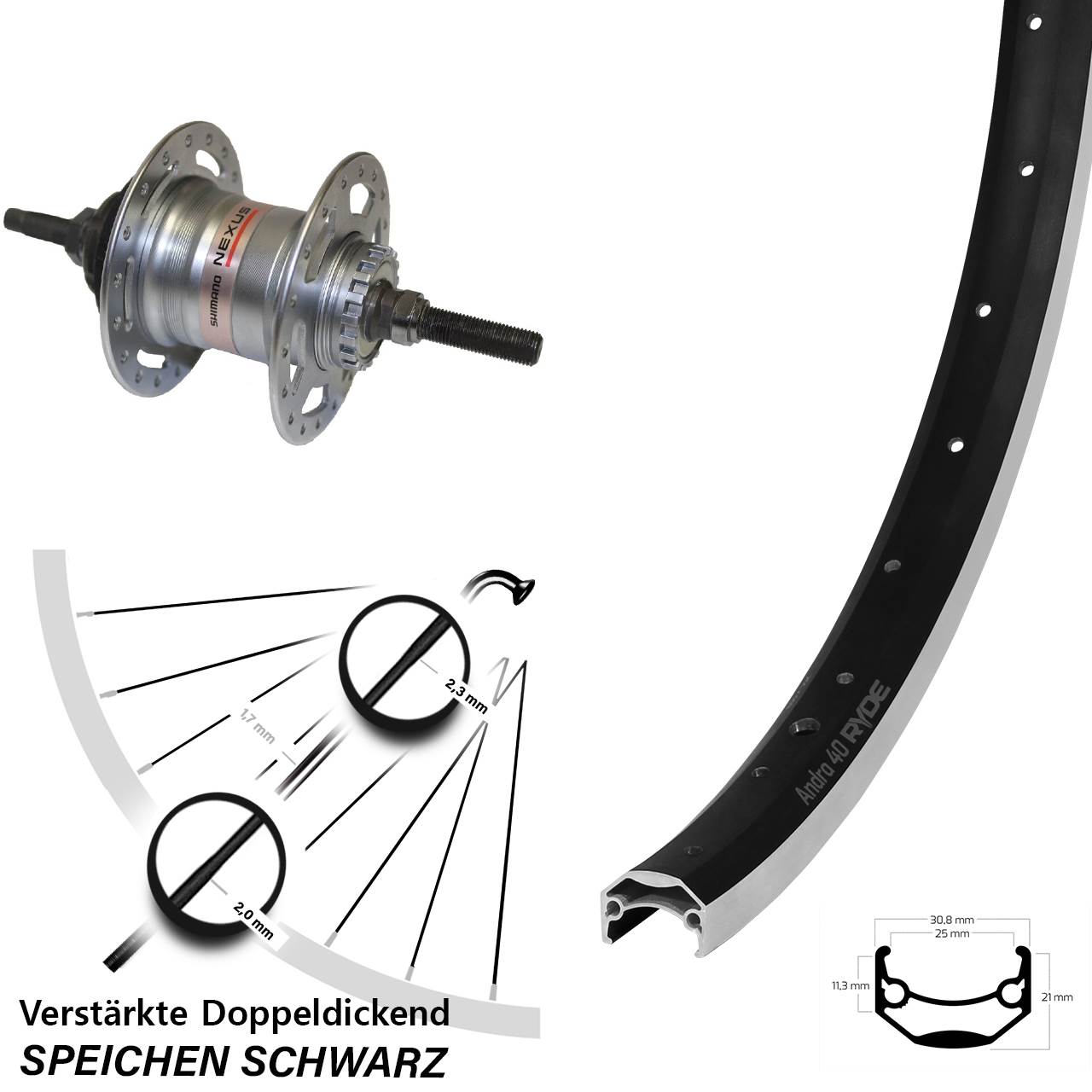 Ryde Andra 40 Hinterrad 20 Zoll Shimano 3 Gang Freilauf