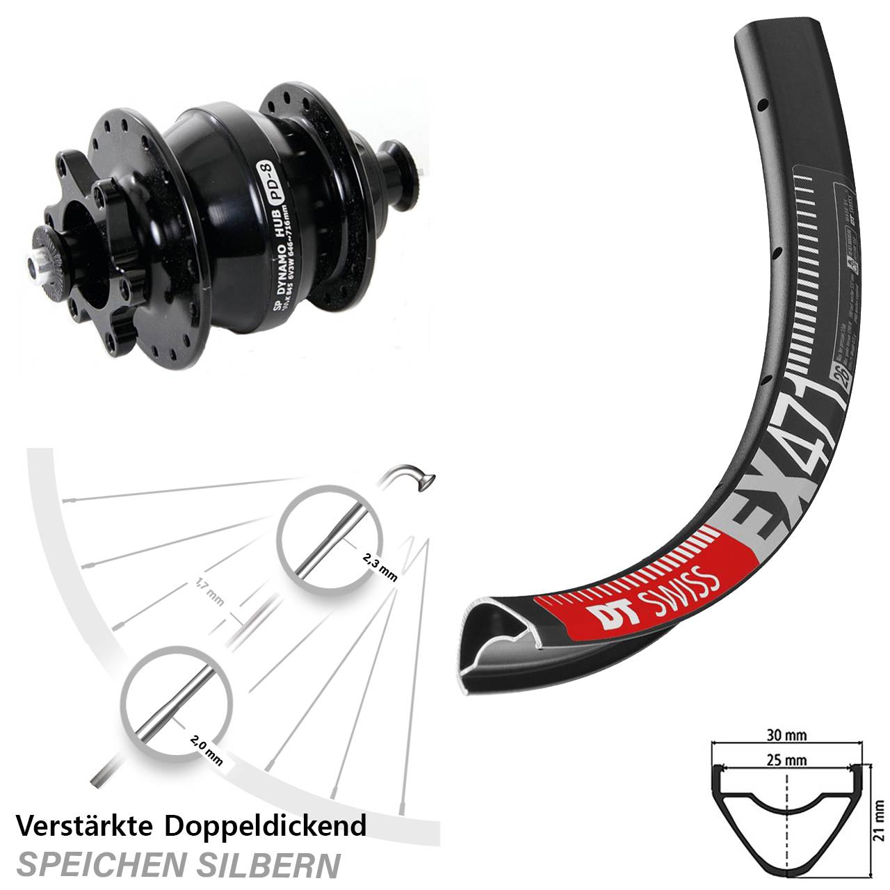 Disc 29 Zoll Nabendynamolaufrad für Schnellspanner DT Swiss EX471 Shutter PD-8