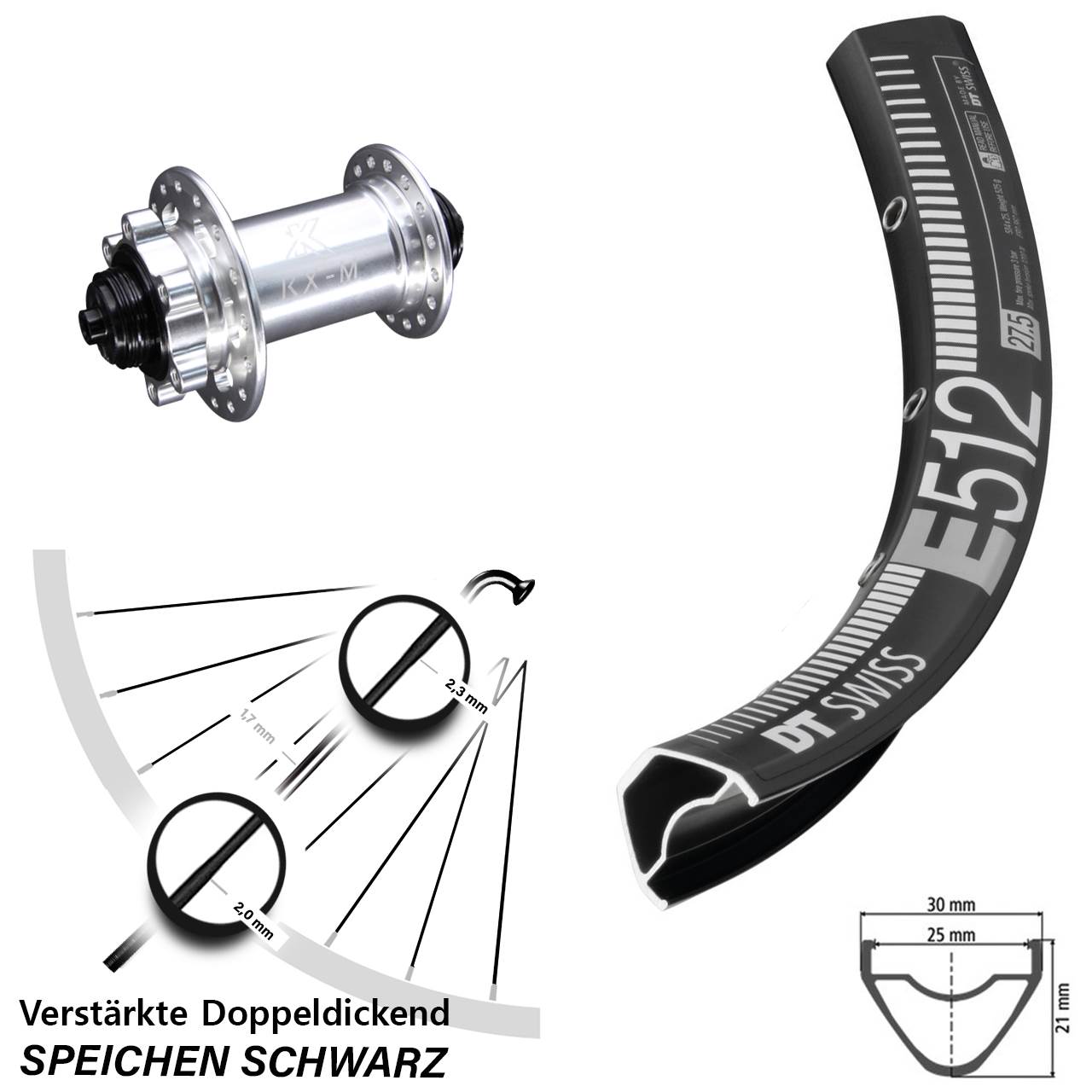 DT Swiss E 512 KX-M 6-Loch 27,5 Zoll Vorderrad für Schnellspanner