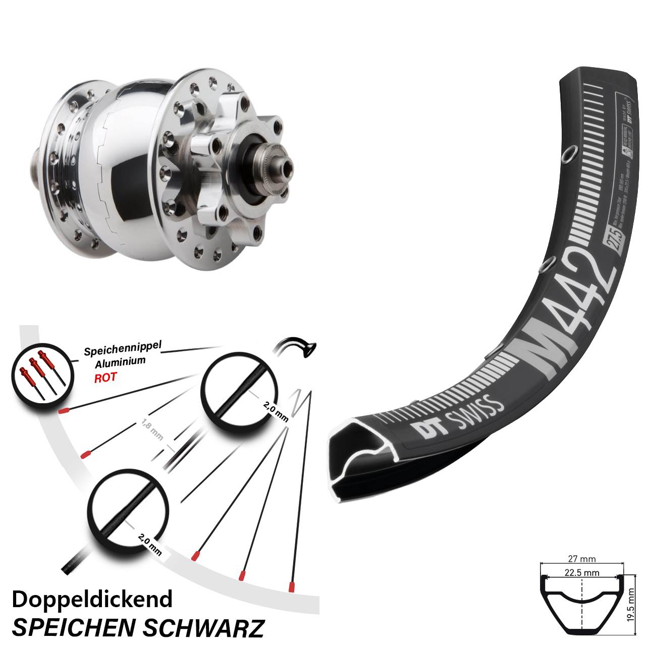 Disc Vorderrad mit Nabendynamo 29 Zoll DT Swiss M 442 SON 28 poliert für Schnellspanner