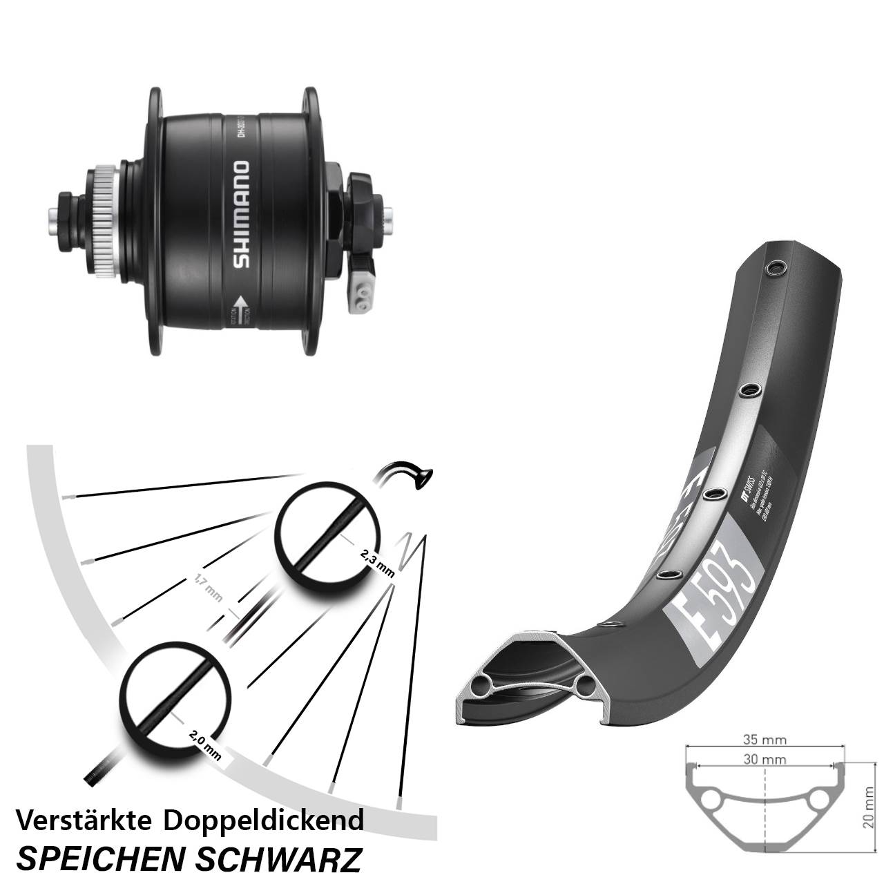 Disc Laufrad mit Nabendynamo für Schnellspanner 29 Zoll DT Swiss E 593 Shimano DH-3D37