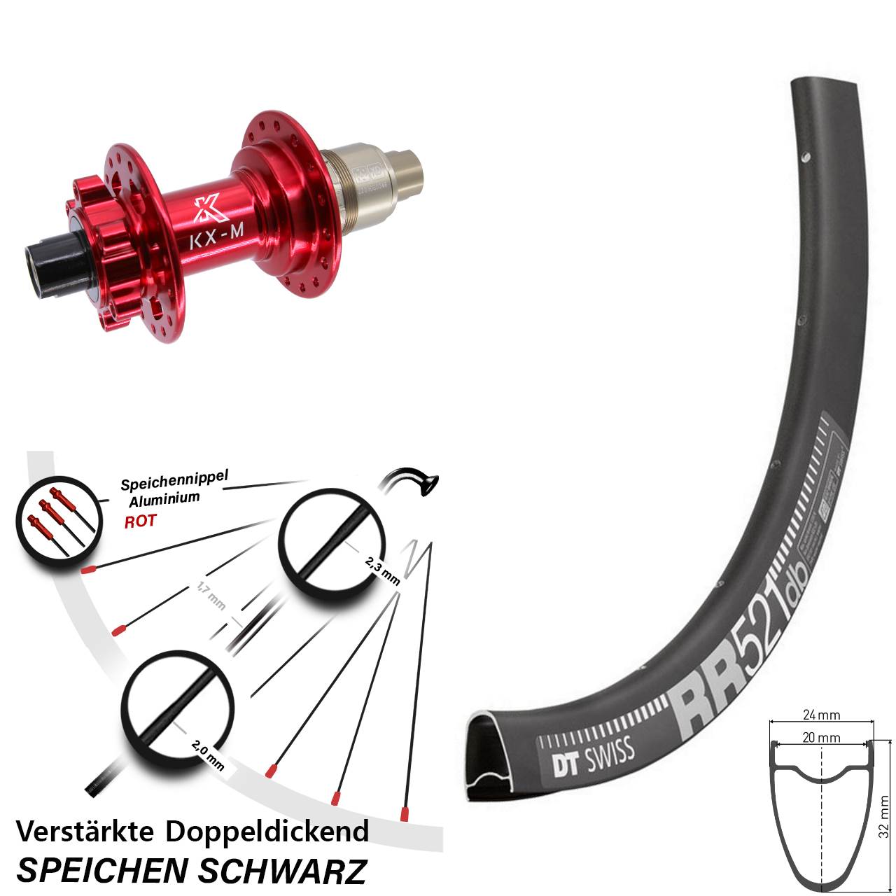 28 Zoll DT Swiss RR521 KX-M rot Disc Laufrad 12x142 XD 11-12 fach