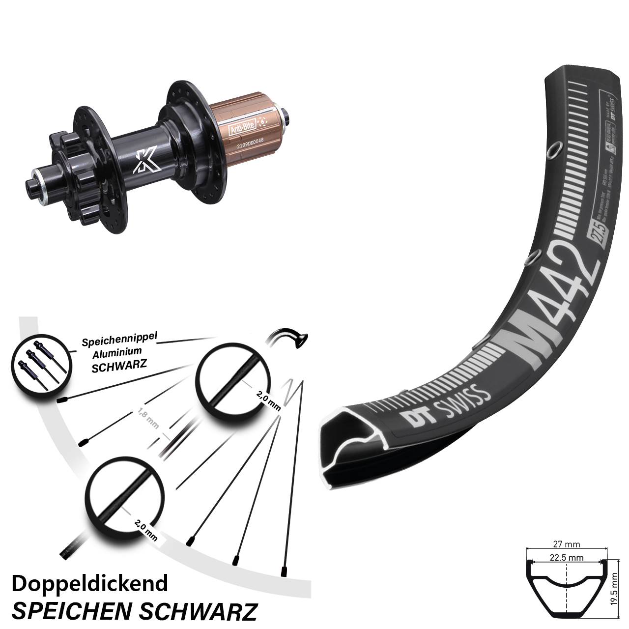 29 Zoll Hinterrad KX-M schwarz 6-loch 8-12 fach DT Swiss M 442 Schnellspanner