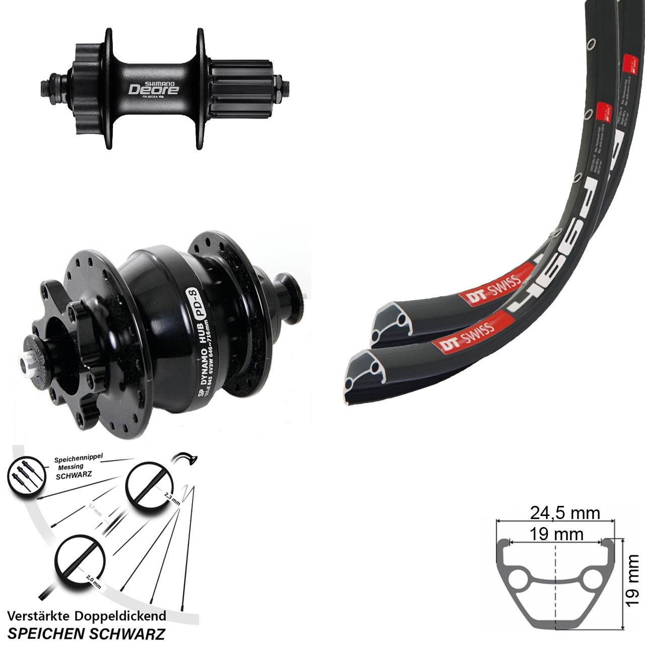 28 Zoll DT Swiss 466d Shimano Deore Shutter PD-8 6-Loch Laufradsatz QR 8-11 fach