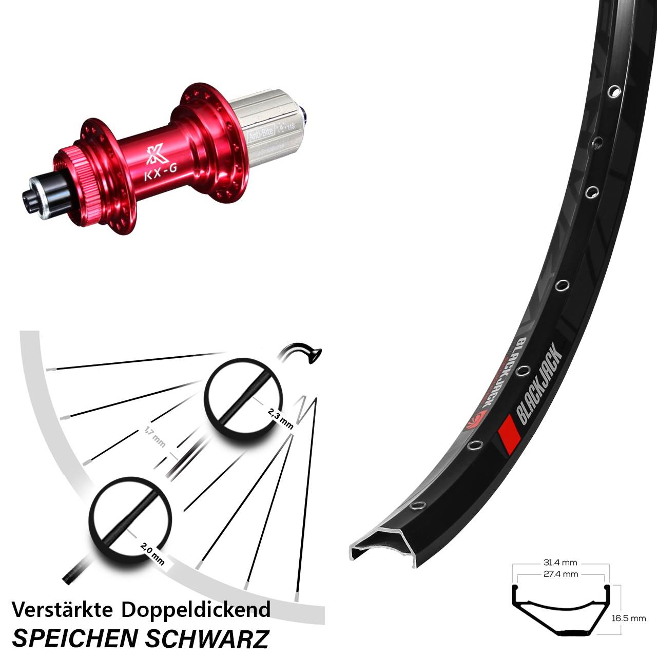 Hinterrad Centerlock 650B Rodi Ready 27 KX-G rot 8-12 fach HG für Schnellspanner